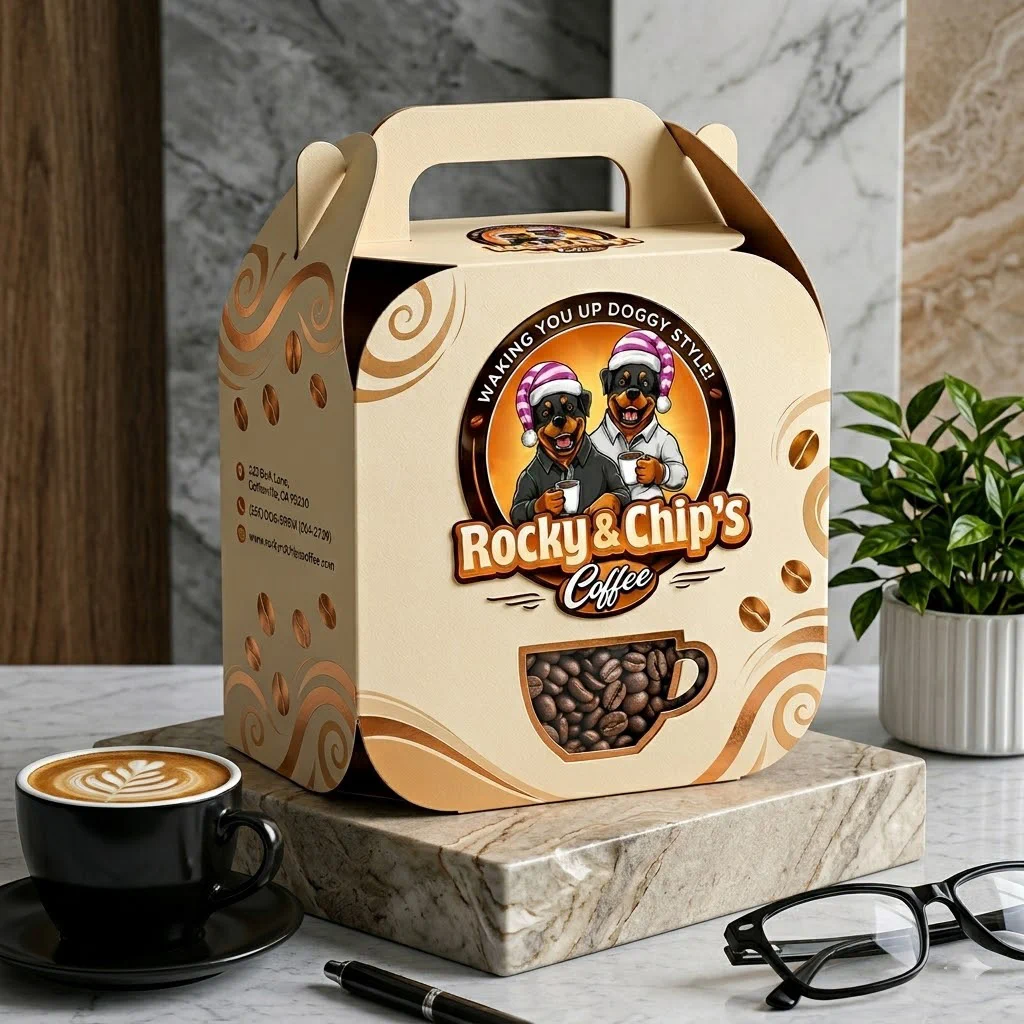 Custom branded product packaging with die cut window and lifestyle mockup